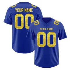 Royal Blue Gold Sequin Lettering Football Jersey