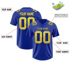 Royal Blue Gold Sequin Lettering Football Jersey 2