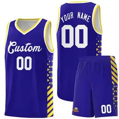 Royal Blue Gold White Diamond Stripe Side Basketball Jersey 1