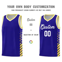 Royal Blue Gold White Diamond Stripe Side Basketball Jersey 3