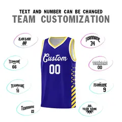 Royal Blue Gold White Diamond Stripe Side Basketball Jersey 4