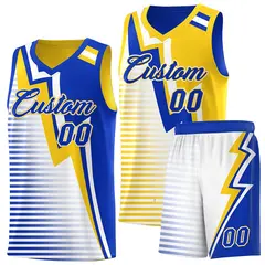 Royal Blue Gold White Gradient Lightning Stripe Reversible Basketball Jersey