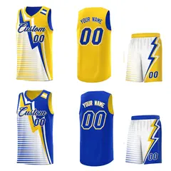 Royal Blue Gold White Gradient Lightning Stripe Reversible Basketball Jersey 2
