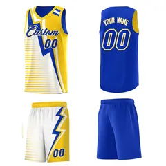 Royal Blue Gold White Gradient Lightning Stripe Reversible Basketball Jersey 5
