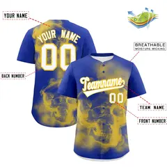 Royal Blue Gold White Skeleton Graffiti Baseball Jersey 2
