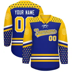 Royal Blue Gold White Star Series Lace-Up Neck Hockey Jersey