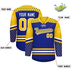 Royal Blue Gold White Star Series Lace-Up Neck Hockey Jersey 2