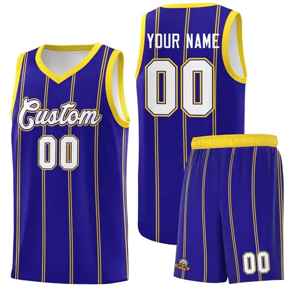 Royal Blue Gold White Vertical Stripes Basketball Jersey Set