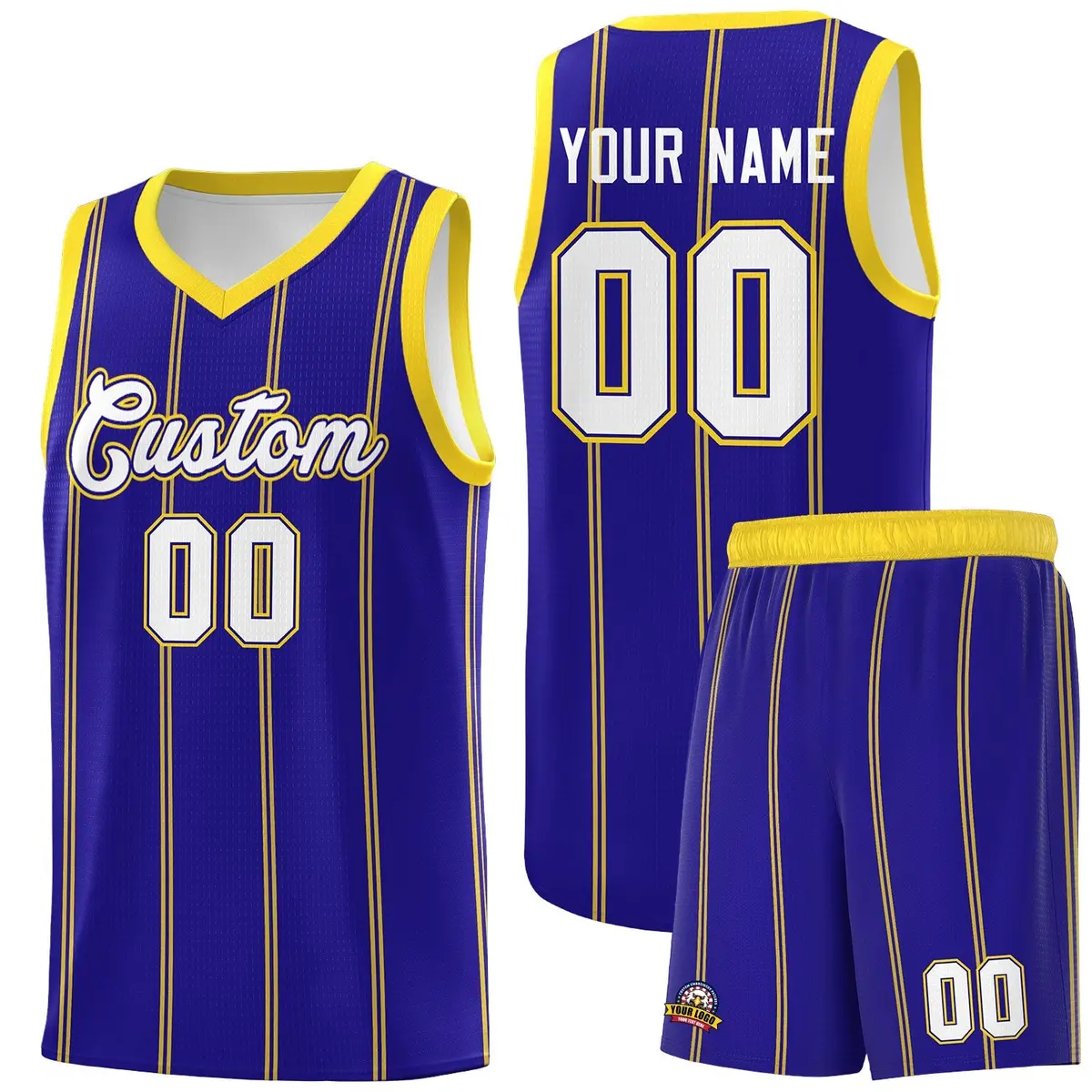 Royal Blue Gold White Vertical Stripes Basketball Jersey Set