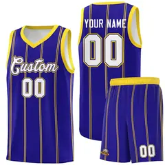Royal Blue Gold White Vertical Stripes Basketball Jersey Set 1