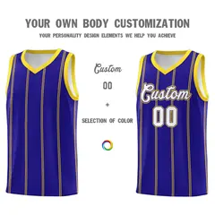 Royal Blue Gold White Vertical Stripes Basketball Jersey Set 3
