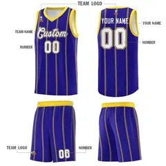 Royal Blue Gold White Vertical Stripes Basketball Jersey Set 5