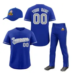 Royal Blue Gray Baseball Jersey Pants Hat Uniform Package
