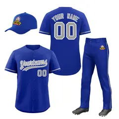 Royal Blue Gray Baseball Jersey Pants Hat Uniform Package 1