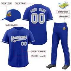 Royal Blue Gray Baseball Jersey Pants Hat Uniform Package 2