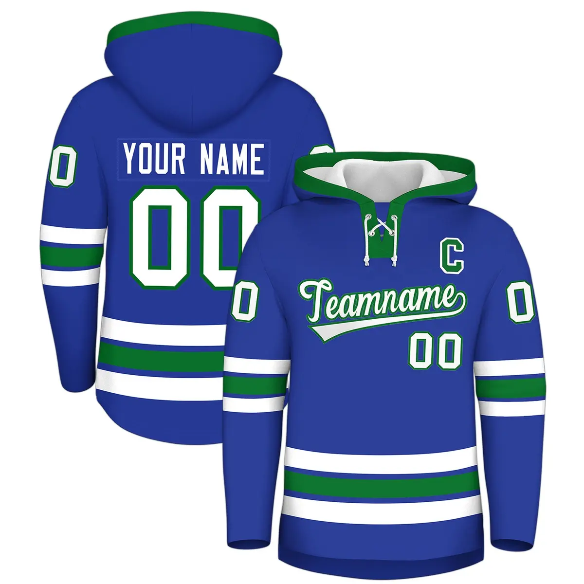 Royal Blue Kelly Green Classic Lace-Up Neck Hockey Hoodie