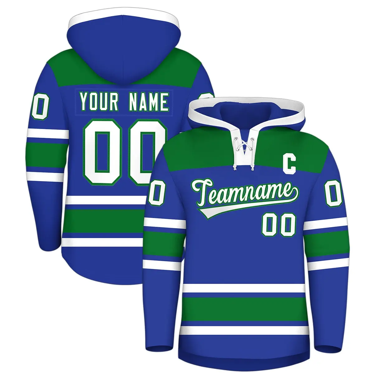 Royal Blue Kelly Green Raglan Lace-Up Neck Hockey Hoodie Jersey