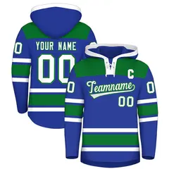 Royal Blue Kelly Green Raglan Lace-Up Neck Hockey Hoodie Jersey