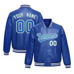 Royal Blue Light Blue Full-Snap Varsity Faux Leather Letterman Jacket 1