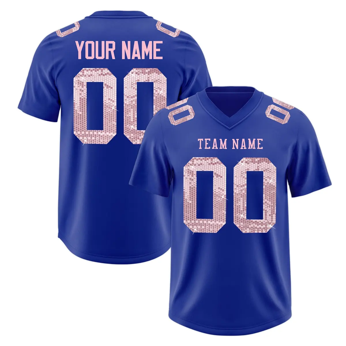 Royal Blue Light Pink Sequin Lettering Football Jersey