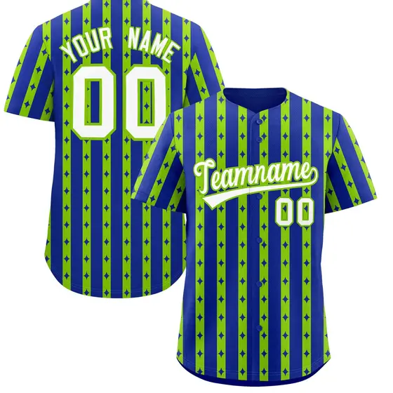 Royal Blue Neon Green Thick Stripe Star Pattern Baseball Jersey