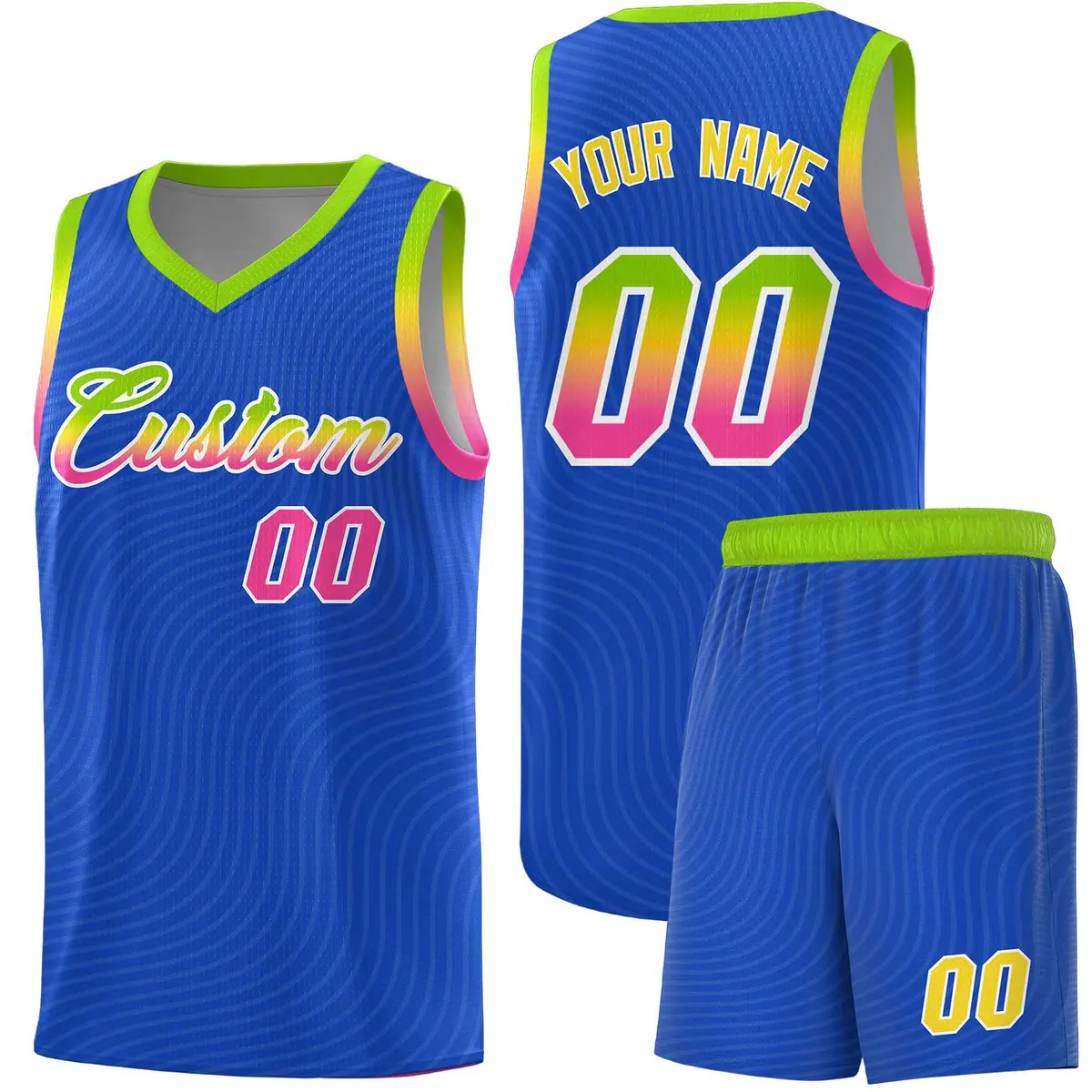 Royal Blue Neon Green Wave Pattern Basketball Uniform Jersey