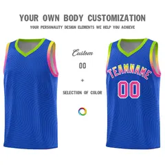 Royal Blue Neon Green Wave Pattern Basketball Uniform Jersey 3