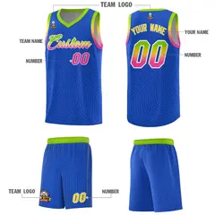 Royal Blue Neon Green Wave Pattern Basketball Uniform Jersey 5