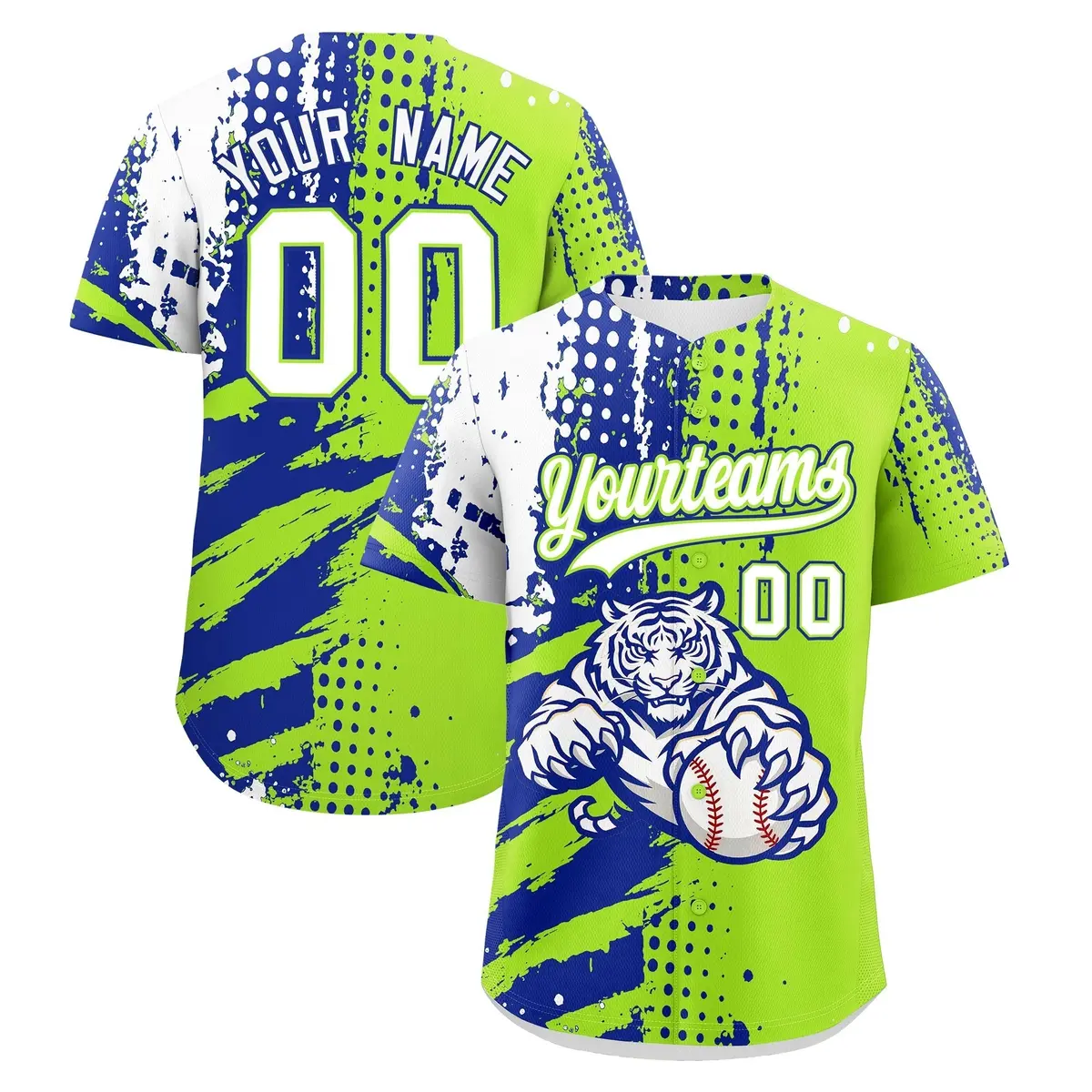 Royal Blue Neon Green White Full-Snap Tiger Graffiti Baseball Jersey