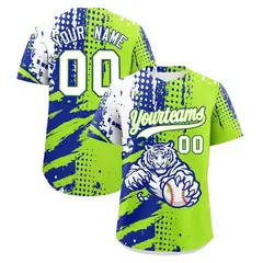 Royal Blue Neon Green White Full-Snap Tiger Graffiti Baseball Jersey 1