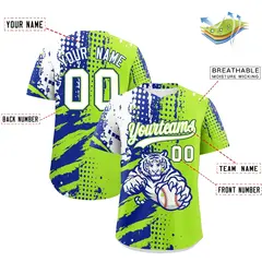 Royal Blue Neon Green White Full-Snap Tiger Graffiti Baseball Jersey 2