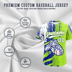 Royal Blue Neon Green White Full-Snap Tiger Graffiti Baseball Jersey 3