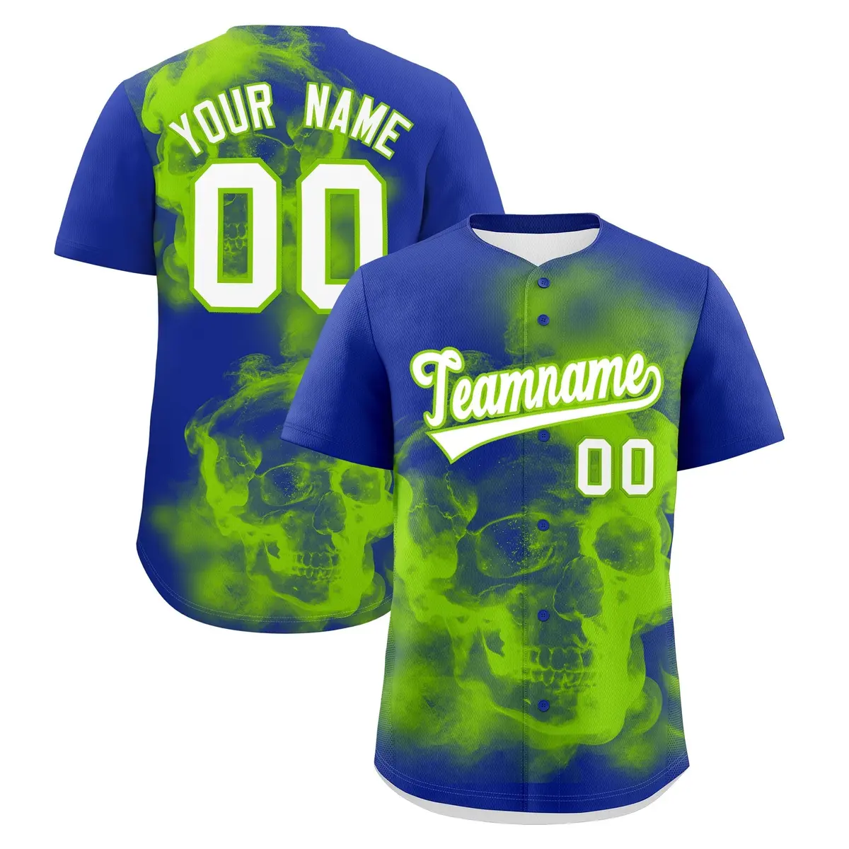 Royal Blue Neon Green White Skeleton Graffiti Baseball Jersey