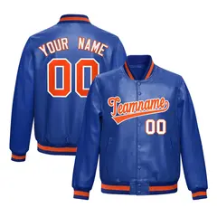 Royal Blue Orange Full-Snap Varsity Faux Leather Letterman Jacket
