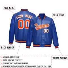 Royal Blue Orange Full-Snap Varsity Faux Leather Letterman Jacket 2