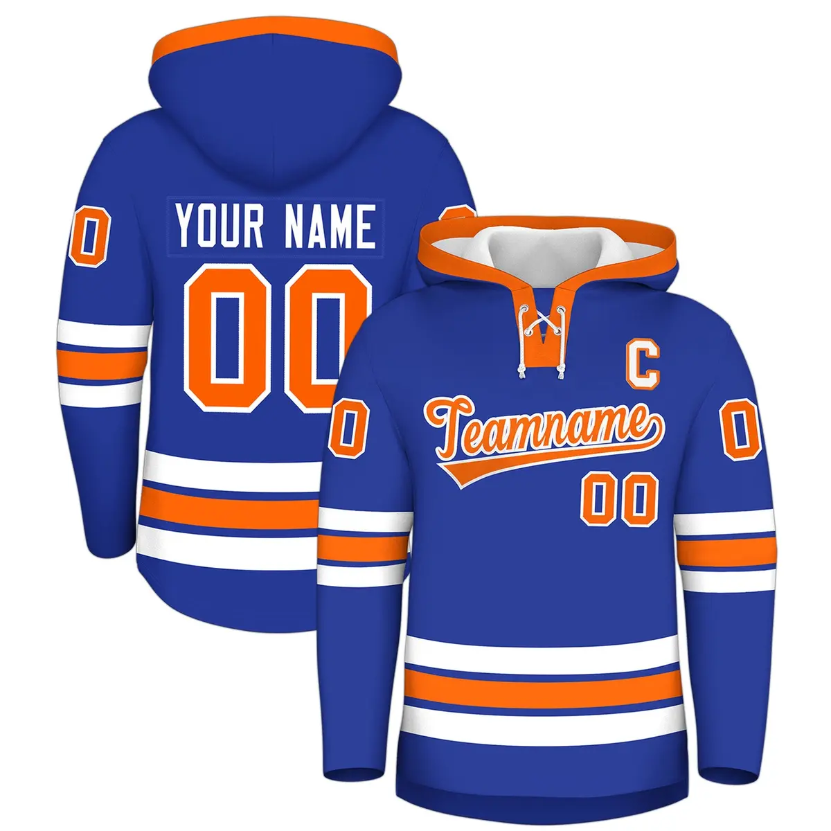 Royal Blue Orange Lace-Up Neck Classic Hockey Hoodie