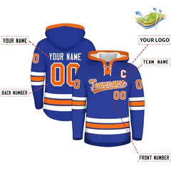 Royal Blue Orange Lace-Up Neck Classic Hockey Hoodie 2