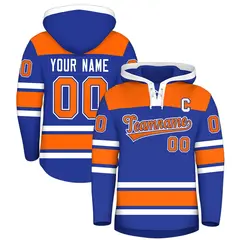 Royal Blue Orange Lace-Up Neck Raglan Hockey Hoodie Jersey 1