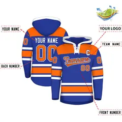 Royal Blue Orange Lace-Up Neck Raglan Hockey Hoodie Jersey 2