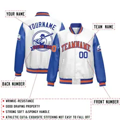 Royal Blue Orange Raglan Full-Snap Faux Leather Letterman Jacket 2