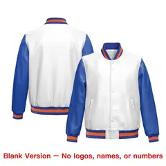 Royal Blue Orange Raglan Full-Snap Faux Leather Letterman Jacket 6