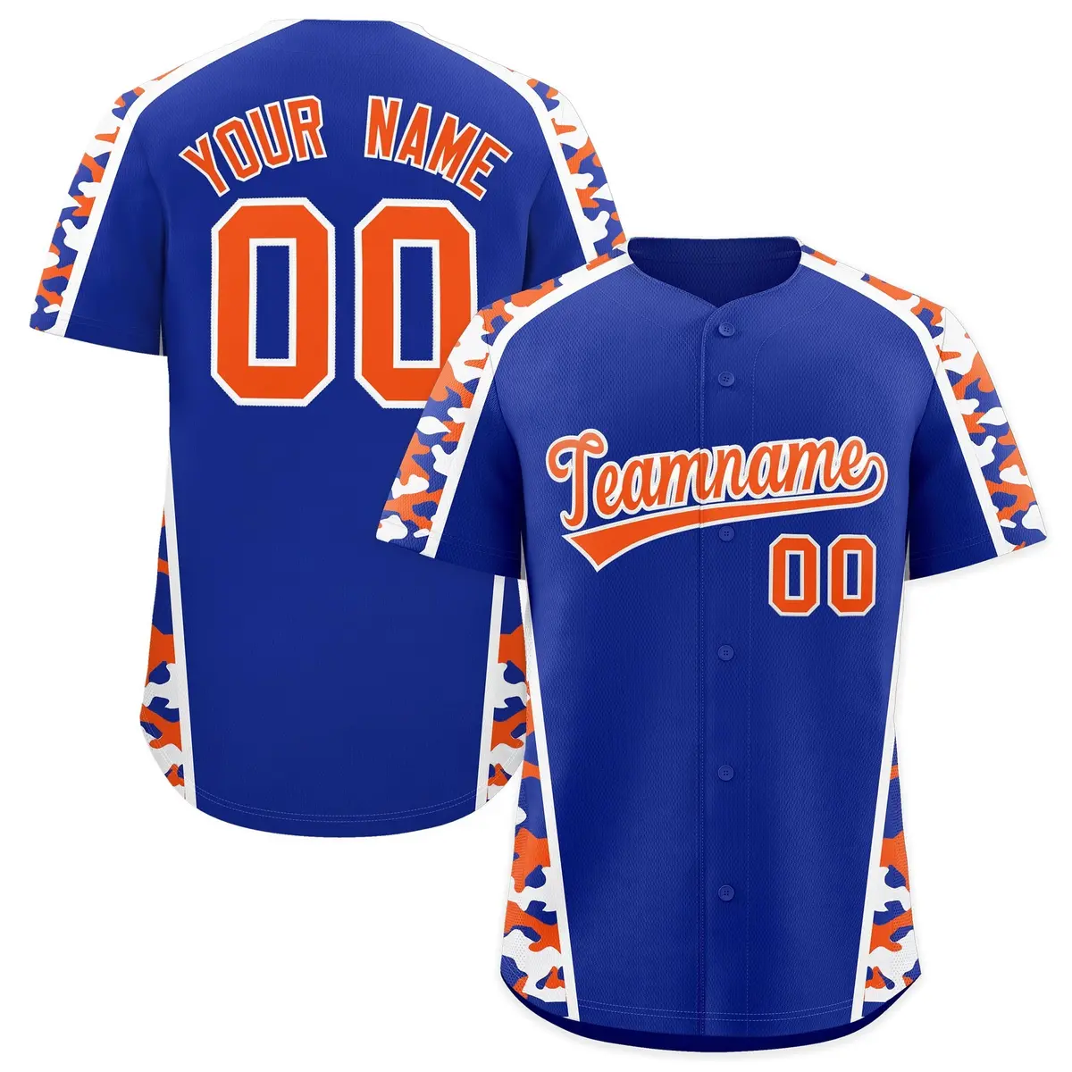 Royal Blue Orange Side Camo Baseball Jersey