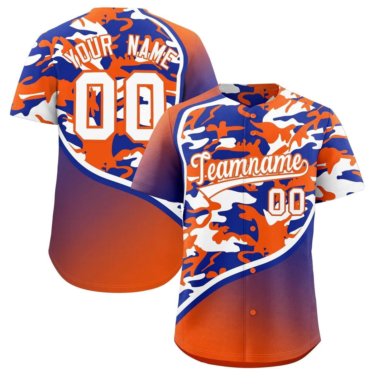Royal Blue Orange White Camo Gradient Baseball Jersey