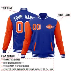 Royal Blue Orange White Raglan Sleeve Cotton Letterman Jacket 2