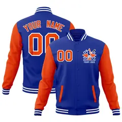 Royal Blue Orange White Raglan Sleeves Full-Snap Letterman Cotton Jacket 1