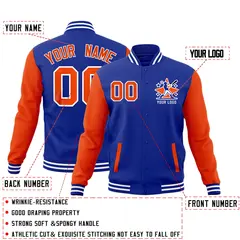 Royal Blue Orange White Raglan Sleeves Full-Snap Letterman Cotton Jacket 2
