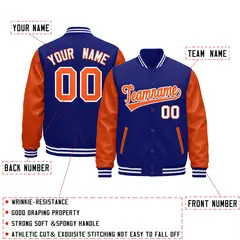 Royal Blue Orange White Raglan Varsity Full-Snap Letterman Jacket 3