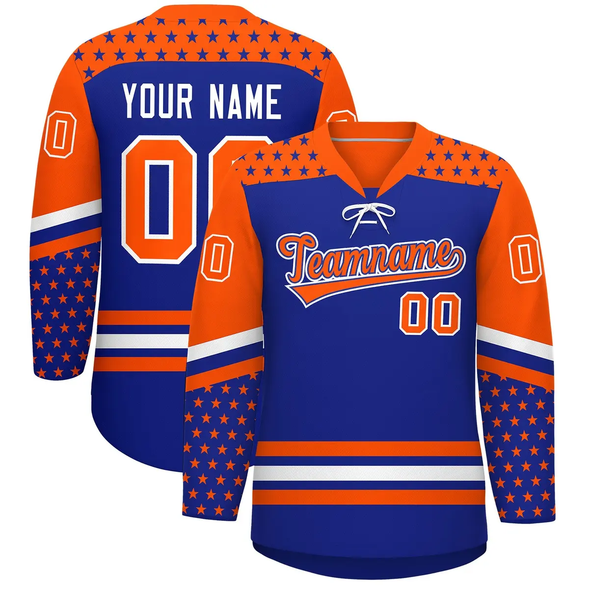 Royal Blue Orange White Star Series Lace-Up Neck Hockey Jersey