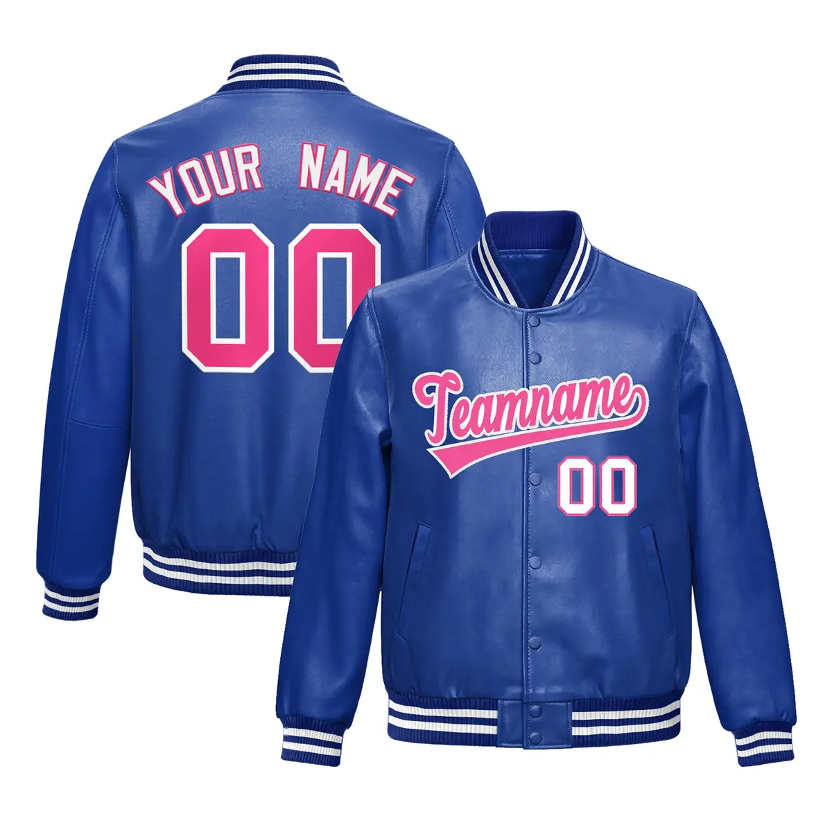 Royal Blue Pink Faux Leather Letterman Jacket Full-Snap Varsity