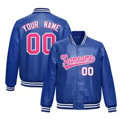 Royal Blue Pink Faux Leather Letterman Jacket Full-Snap Varsity 1